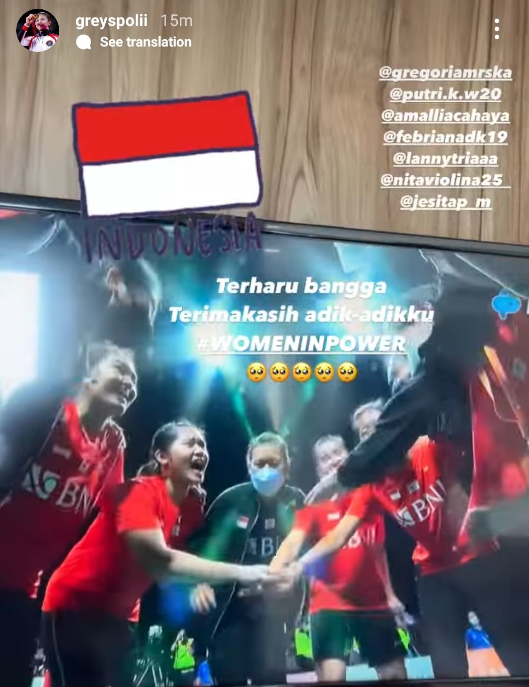 Unggahan Insta Stories Greysia Polii untuk Tim Putri Indonesia di BATC 2022