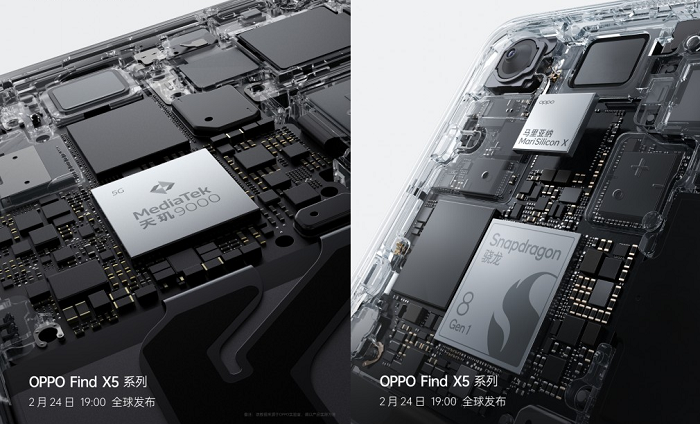Setelah sebelumnya dirumorkan akan hadir pada varian vanilla Oppo Find X5, perusahaan mengonfirmasi bahwa chipset MediaTek Dimensity 9000 akan hadir pada Oppo Find X5 Pro mendampingi varian Snapdragon 8 Gen 1.