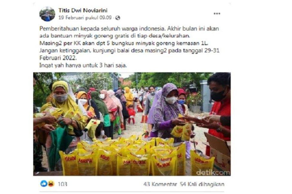 Tangkapan layar berisi narasi soal bantuan minyak goreng gratis di setiap kelurahan pada akhir Februari 2022 (facebook)