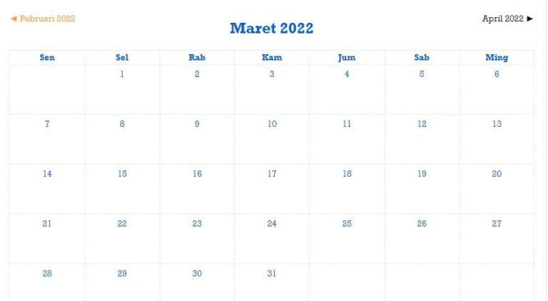 Tanggal 3 Maret 2022 Hari Apa? Berikut ini Kalender Bulan Maret 2022