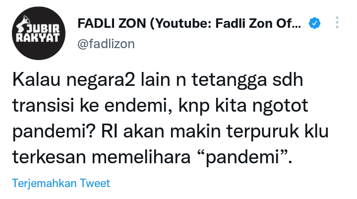 Cuitan Fadli Zon soal Luhut yang minta Indonesia tak ikut-ikutan transisi ke endemi.