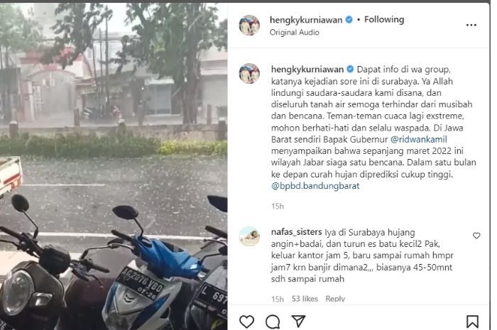Hengky Kurniawan menyebut jika Jawa Barat (Jabar) siaga satu bencana usai mengunggah video hujan es dan angin kencang di Surbaya.*