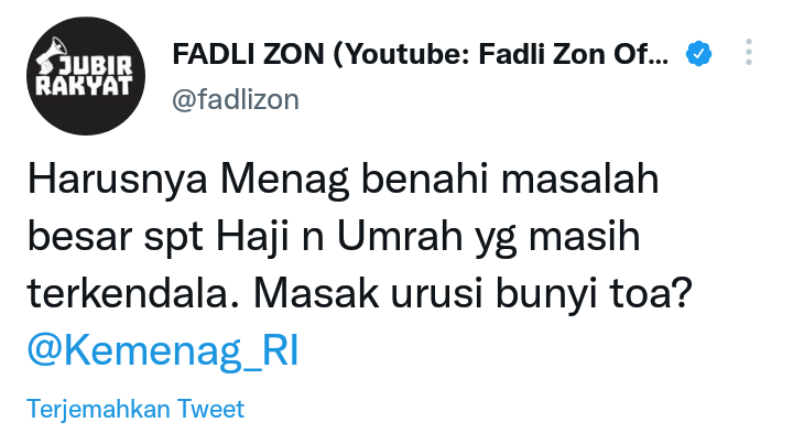 Fadli Zon sorot Kemenag yang buat pedoman bunyi pengeras suara alias toa masjid, begini selengkapnya.