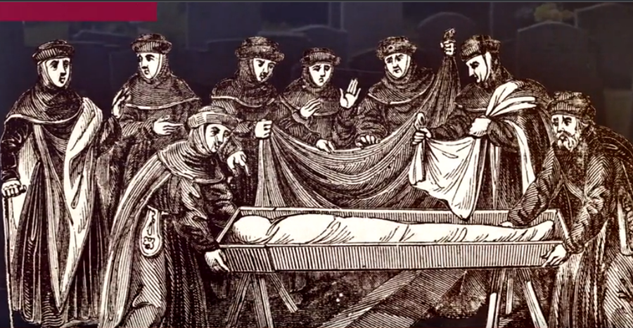 Ilustrasi orang meninggal dunia pada abad pertengahan sebagai sejarah hantu pakaian putih di Eropa