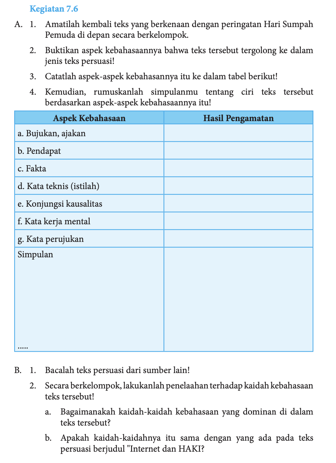 Kunci Jawaban Bahasa Indonesia Kelas 8 Semester 2 Halaman 190, Kegiatan 7.6 Aspek Kebahasaan Teks Persuasi