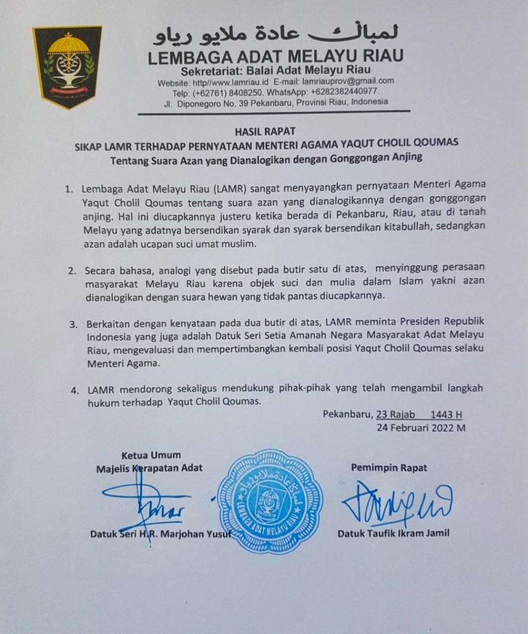 LAM Riau minta Jokowi copot Menag Yaqut Cholil Qoumas 
