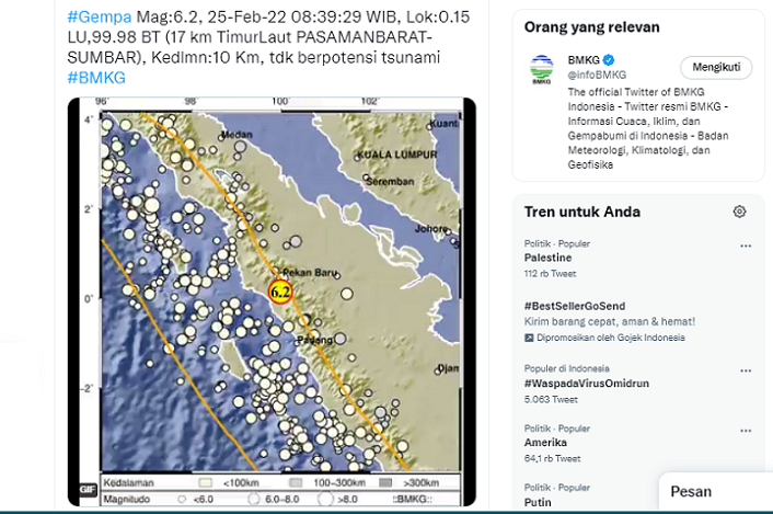 Gempa dengan kekuatan Magnitudo (M)6.2 terjadi di Pasaman Barat, Provinsi Sumatera Barat, Jumat 25 Februari 2022 pagi, getaran bahkan dirasakan sampai di Riau bahkan Mayasia.