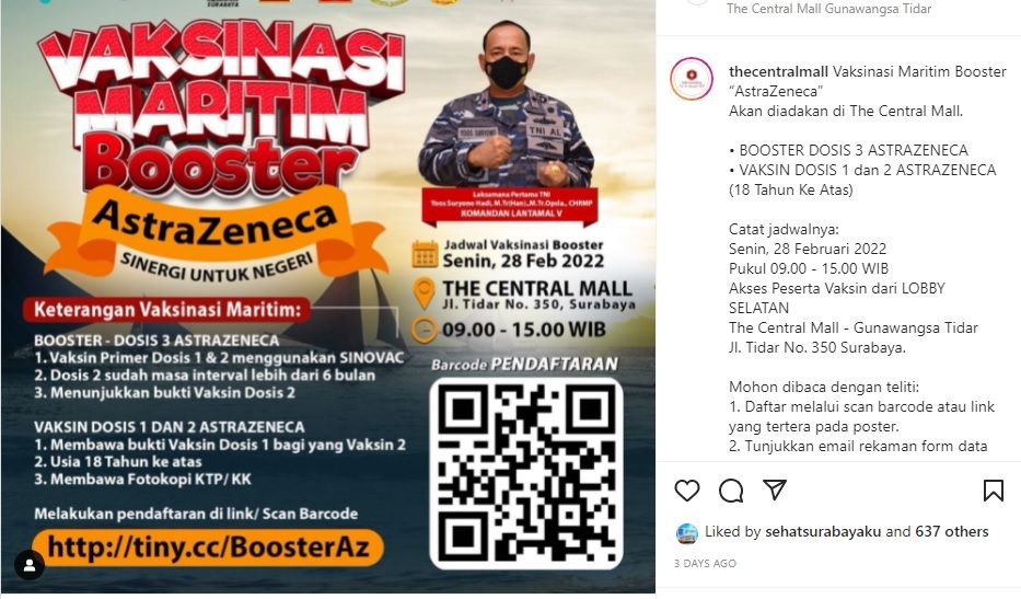 Info Vaksin Booster di The Central Mall Surabaya, Senin 28 Februari 2022