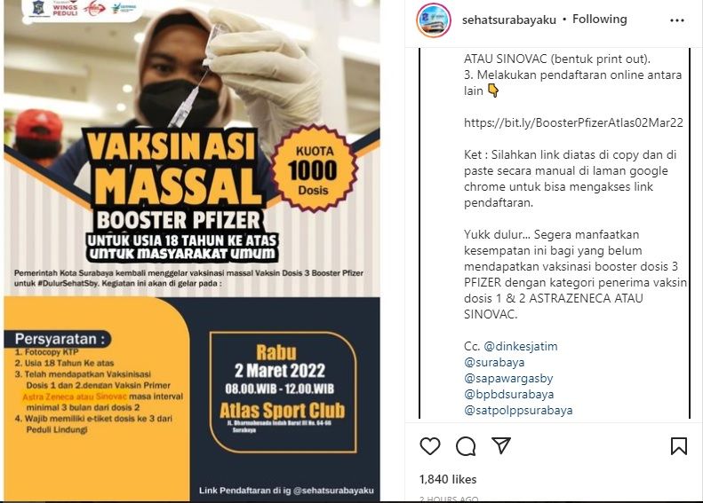 Vaksin Booster Pfizer untuk Umum di Atlas Sport Surabaya, Rabu 2 Maret 2022, Kuota 1.000
