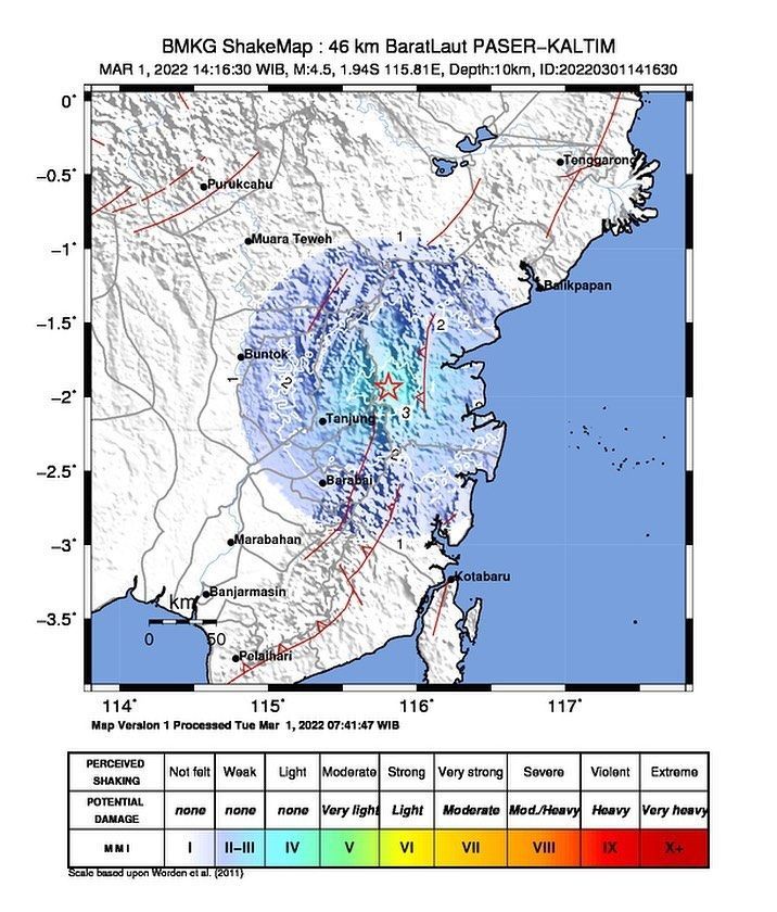 Gempa magnitudo 4.5 terjadi di Paser, Kalimantan Timur dekat daratan IKN pada 1 Maret 2022