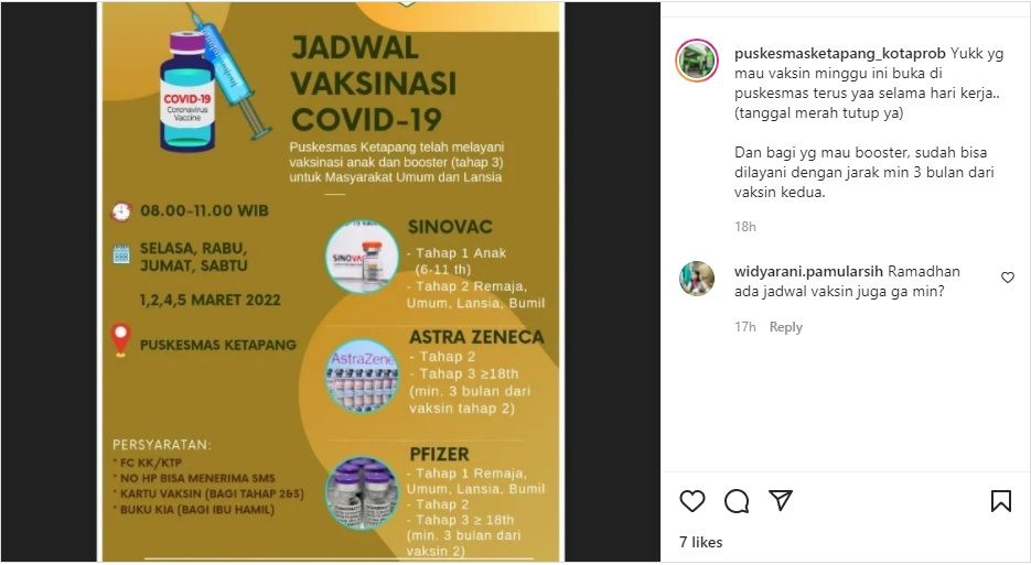 Info Vaksin Covid-19 Booster Probolinggo di Puskesmas Ketapang, Selasa-Sabtu 1-5 Maret 2022