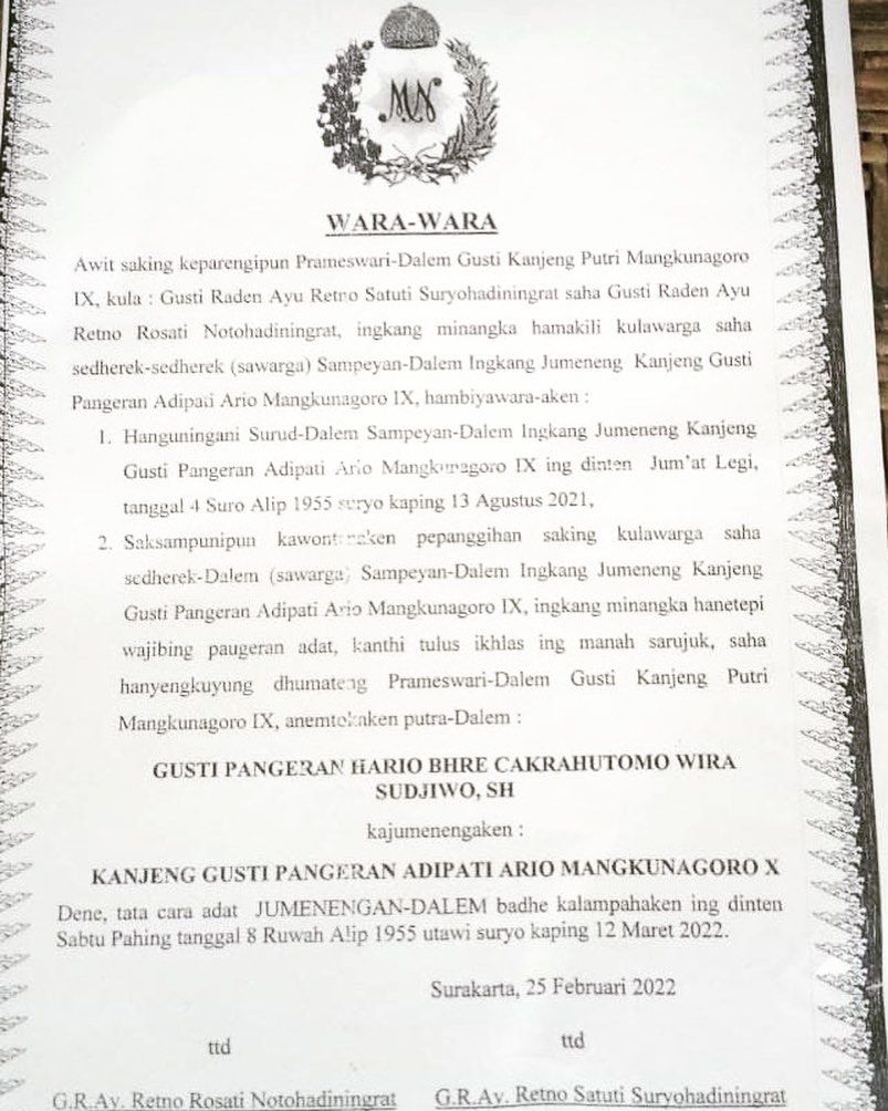 Tangkapan layar pengumuman penerus tahta di Pura Mangkunegaran dalam bahasa Jawa