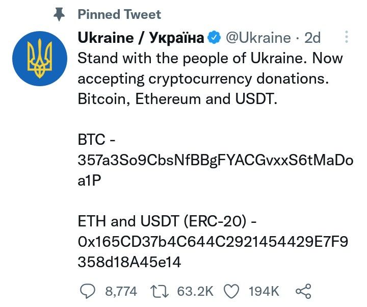 Postingan pemerintah Ukraina yang menerima sumbangan melalui cryptocurrency./Tangkapan layar Twitter