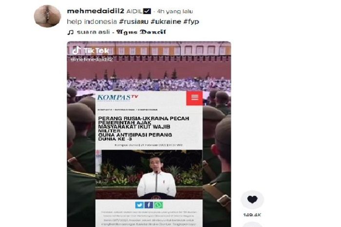 Tangkapan layar hoaks Presiden Jokowi ajak masyarakat wajib militer untuk antisipasi Perang Dunia 3.