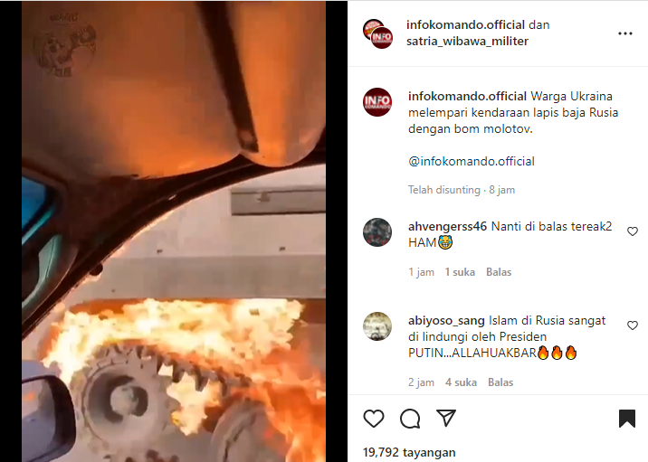Video viral warga Ukraina yang melempar bom molotov ke kendaraan militer Rusia.