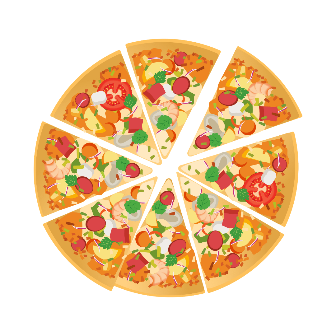 Hitunglah berapa jumlah potongan pizza berikut ini.