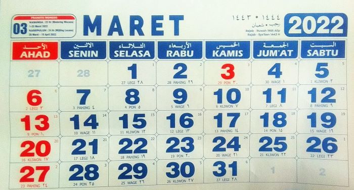 Kalender bulan maret 2022 lengkap