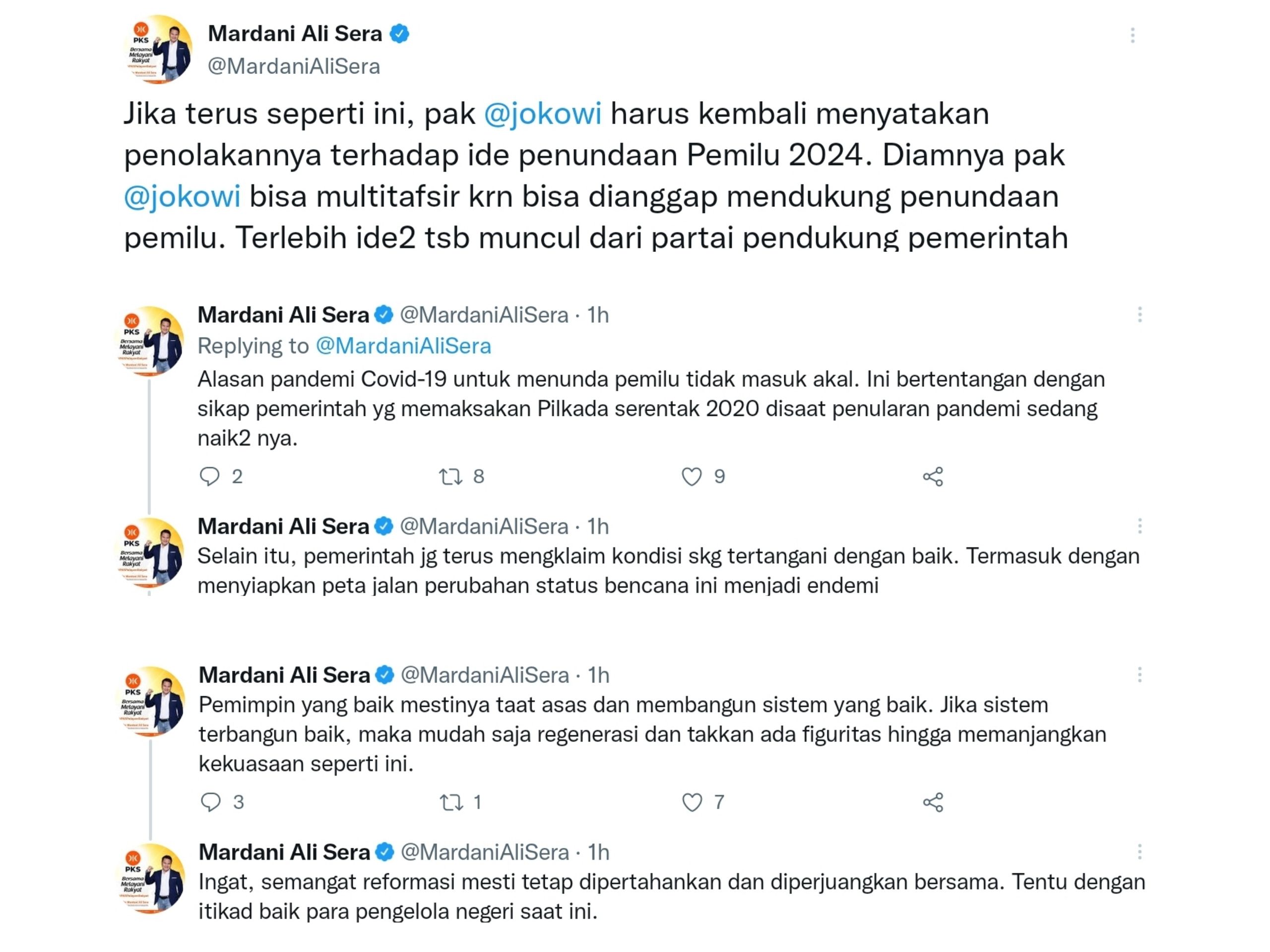 Mardani Ali Sera meminta Jokowi menanggapi soal kabar penundaan Pemilu 2024. Ia meminta presiden tidak hanya diam.*