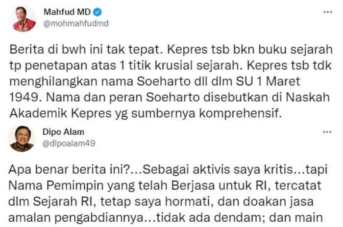 Cuitan Mahfud MD soal membantah tuduhan Soeharto dihapus dari sejarah.