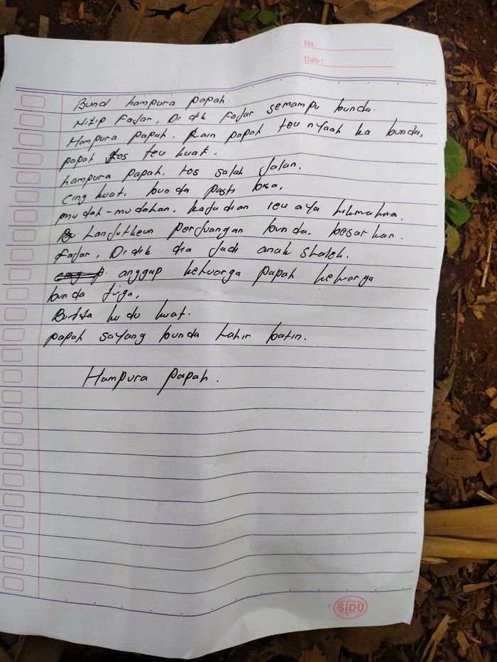 Surat wasiat yang ditingglan pria bunuh diri di  Garokgek Purwakarta. /dok. Polsek Kiarapedes