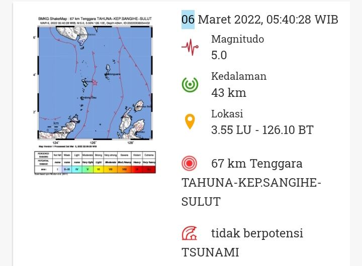 Gempa 5,0 di Tahuna, Kepulauan Sangihe, Sulut hari ini.