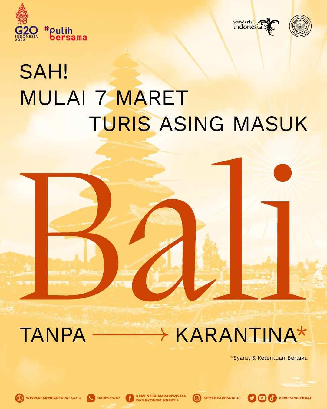 Mulai 7 Maret Bali bebas untuk kunjungan turis asing.