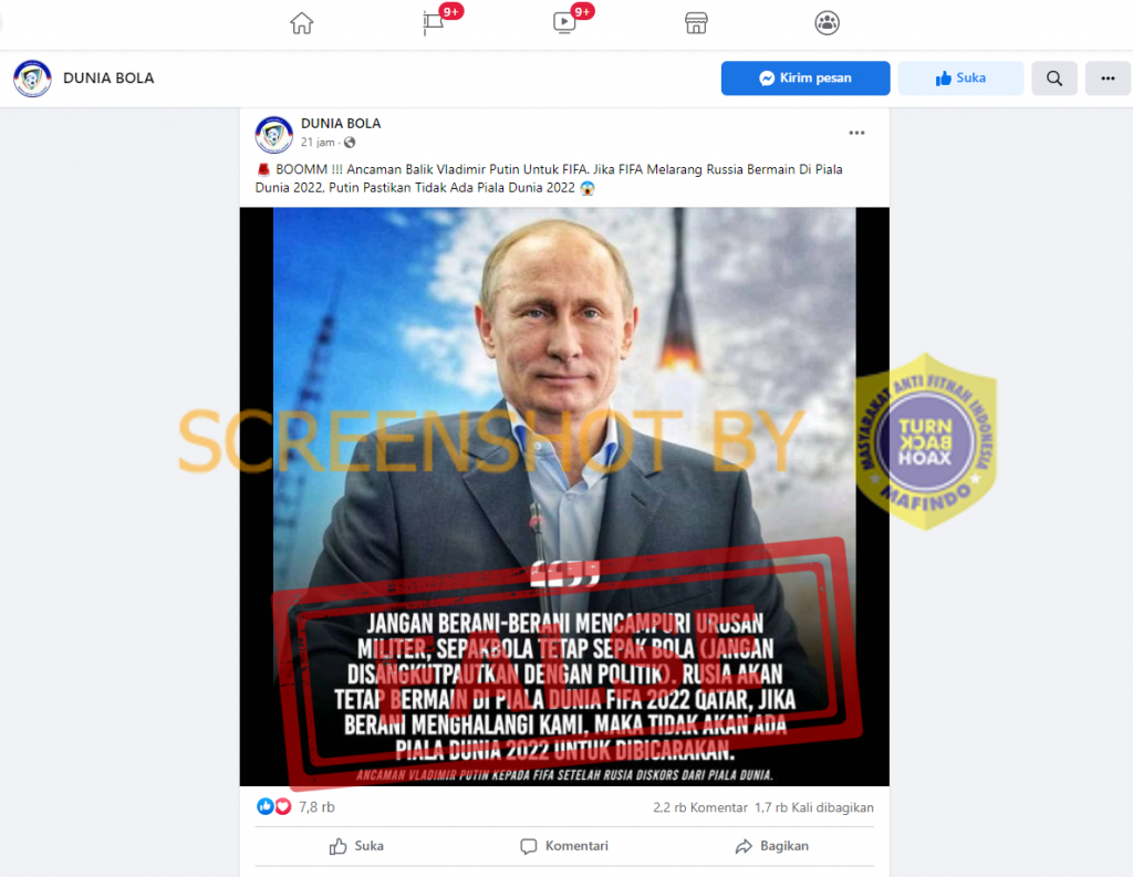 HOAKS - Beredar sebuah  unggahan di Facebook yang menyebut jika Presiden Rusia Vladimir Putin mengancam balik FIFA.*
