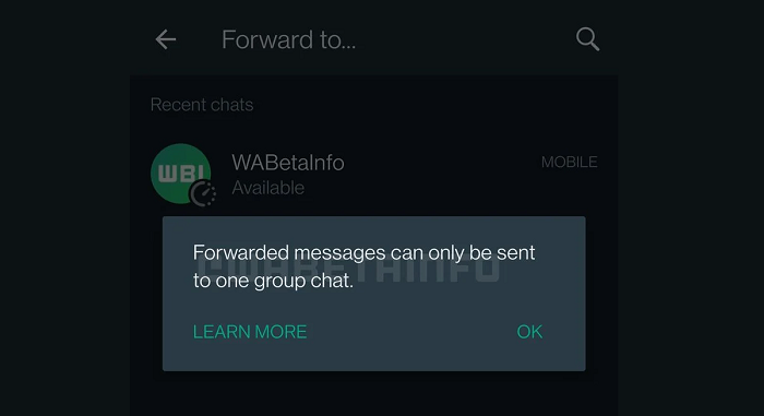 WhatsApp memperkenalkan batasan baru saat meneruskan pesan pada versi 2.22.7.2 di platform Android.