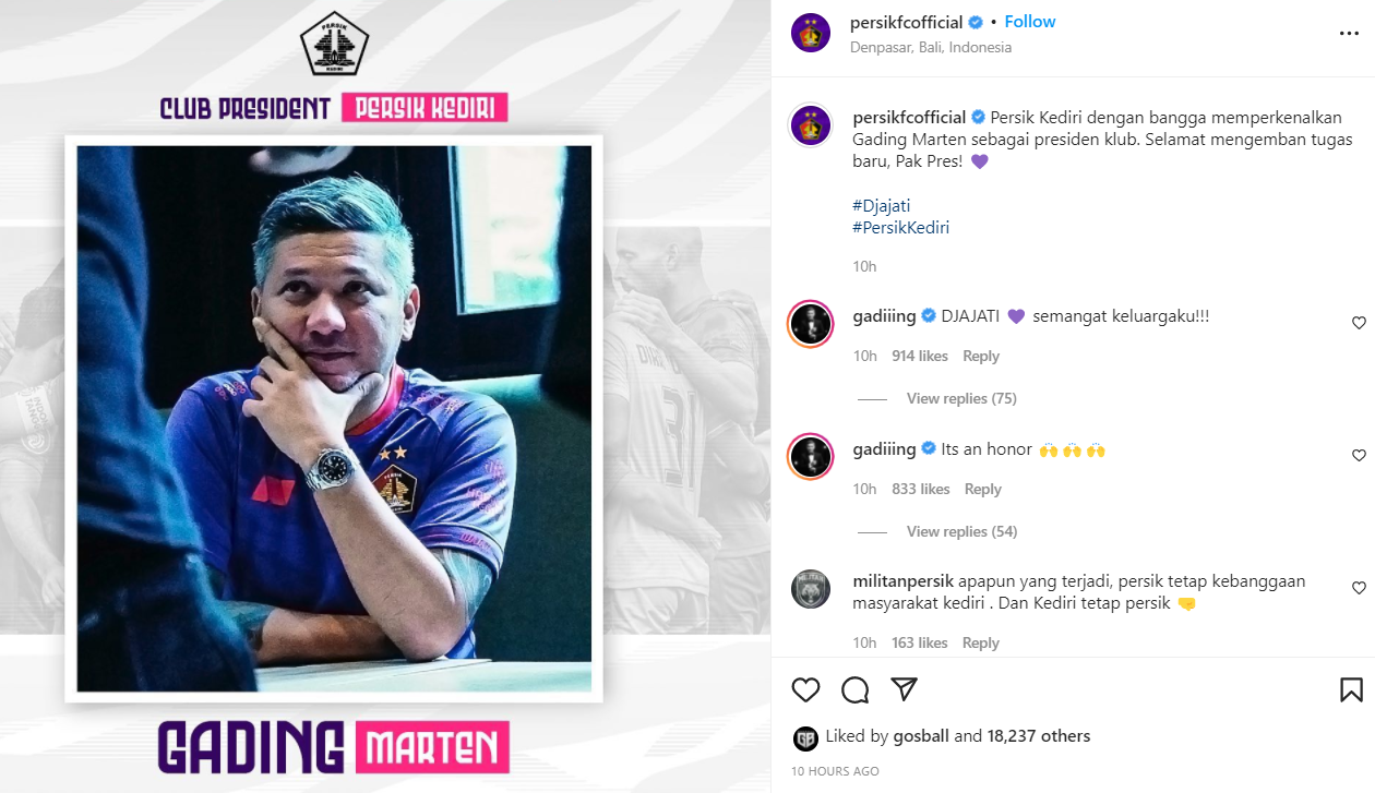 Unggahan Instagram Persik Kediri tentang Gading Marten.