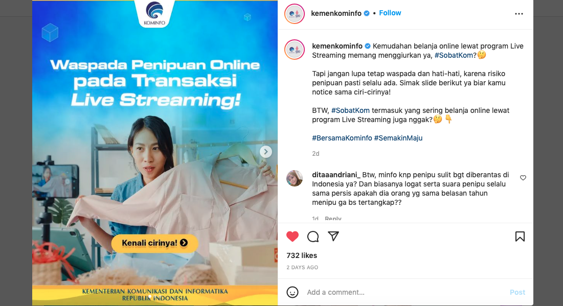 Unggahan Instagram Kemenkominfo tentang ciri penipuan online dari live streaming.