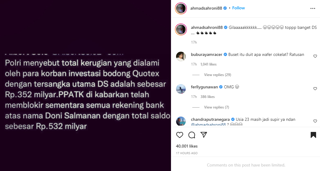 Ahmad Saroni dan Den Dimas mengomentari total saldo rekening crazy rich Doni Salmanan.