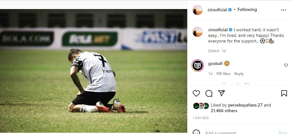 Unggahan Ciro Alves yang merasa lelah di akun instagram pribadinya