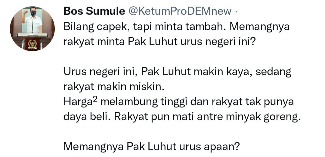 Cuitan Iwan Sumule menanggapi pernyataan Luhut Binsar Pandjaitan.