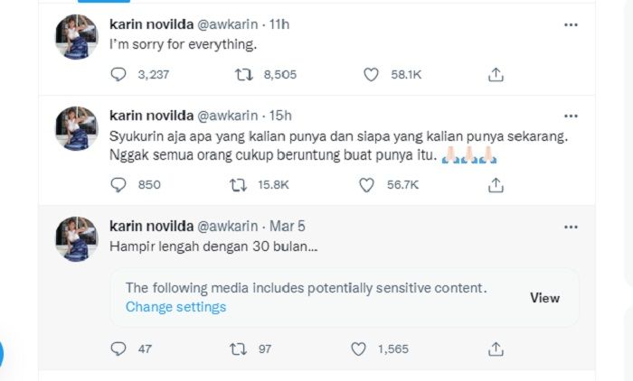 Cuitan Awkarin di akun Twitter-nya yang berisi ungkapan permintaan maaf