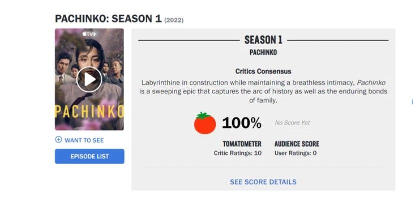 Di Rotten Tomatoes, " Pachinko " mendapat peringkat 100% "segar" dari 10 ulasan para ahli.