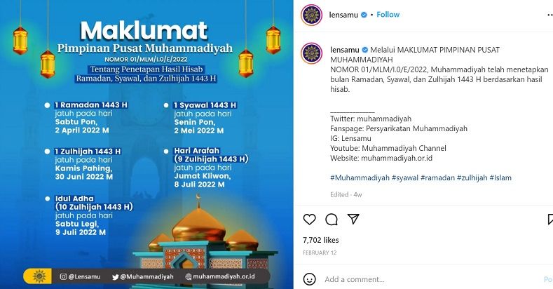 Prakiraan jadwal puasa Ramadhan 2022 menurut Muhammadiyah./Instagram/@lensamu.