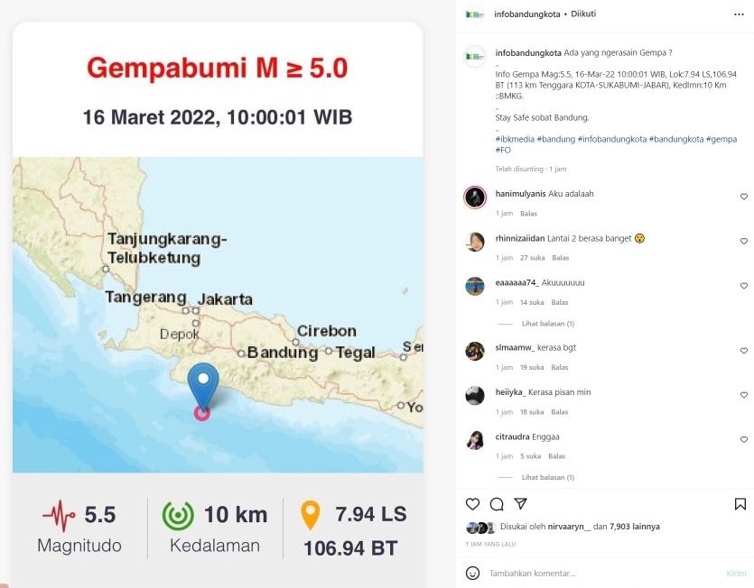Selain di wilayah Cimahi, Kota Bandung pun mengalami kejadian getaran gempa bumi dan langsung direspon oleh para netizen