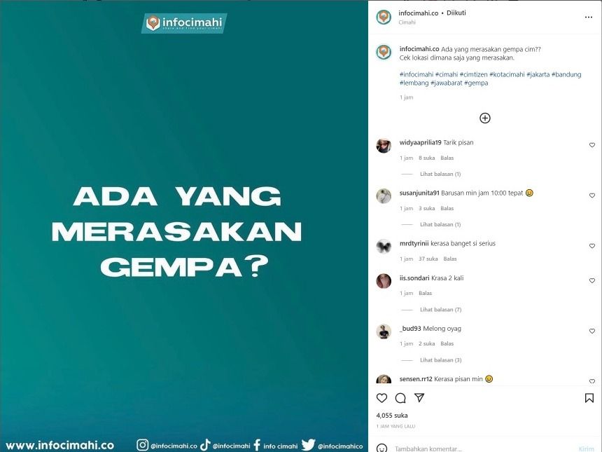 Postingan yang diunggah oleh @infocimahi.co memancing para netizen untuk buka suara terkait terjadinya gempa