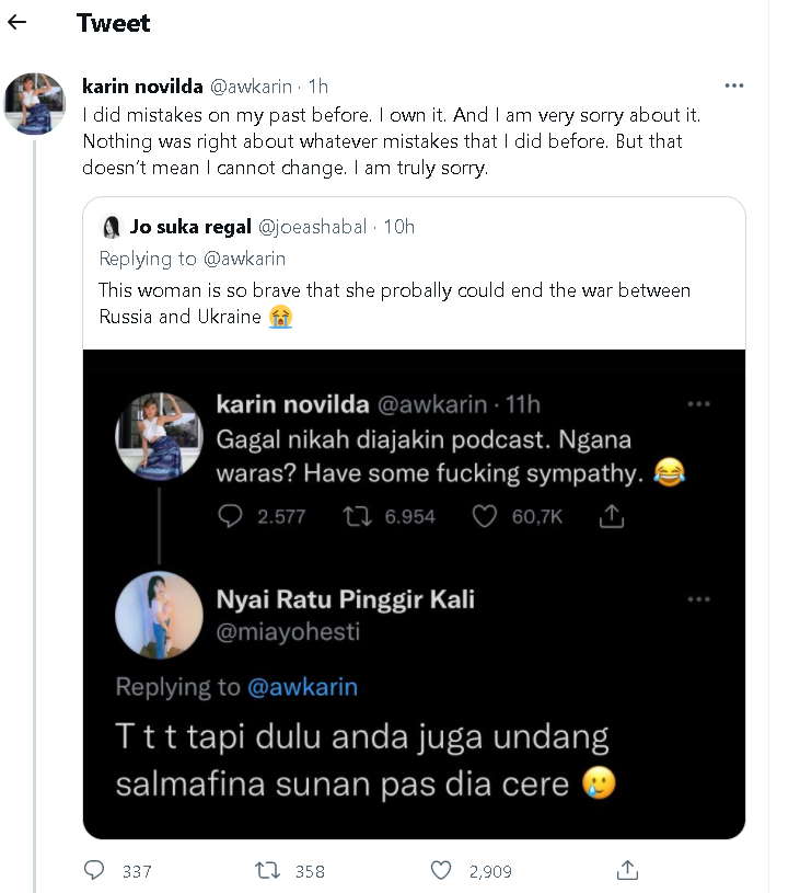 Cuitan permintaan maaf Awkarin di Twitter terkait undangan Podcast terhadap Salmafina