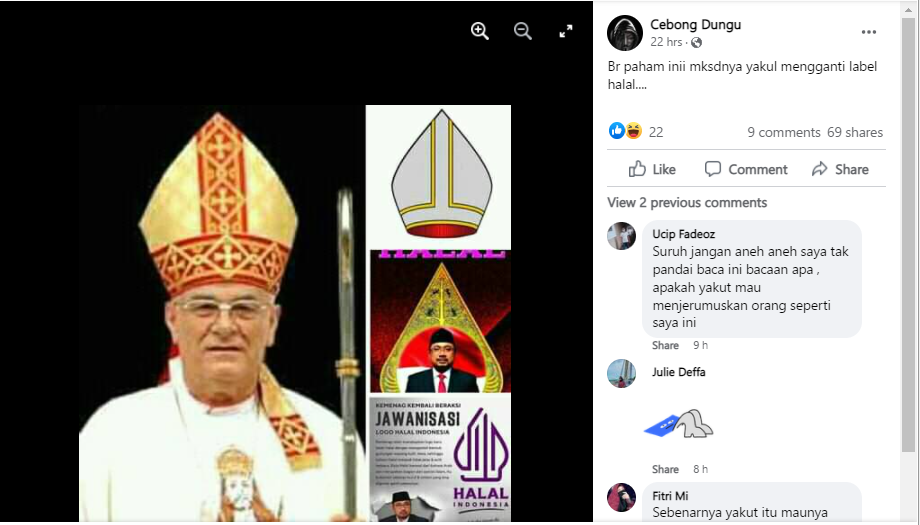 Unggahan facebook mengklaim Yaqut Cholil Qoumas mengganti label halal terinspirasi dari penutup kepala seorang Uskup Gereja tidak benar atau hoax.