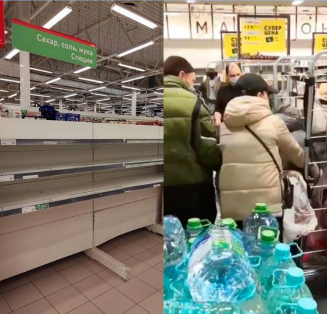 Rak kosong di supermarket Rusia dan orang-orang berebut persediaan makanan./  