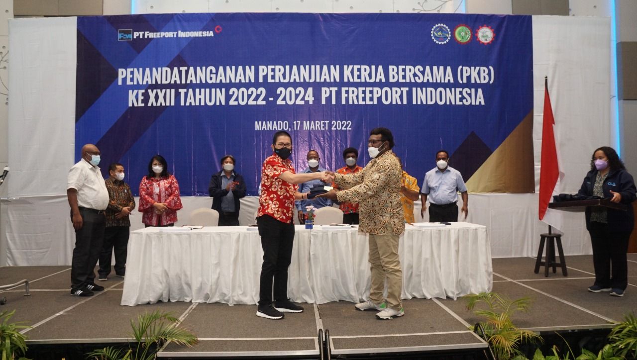 PT Freeport Indonesia (PTFI) bersama 3 organisasi Serikat Pekerja/Buruh di lingkungan PTFI telah menyepakati dan menandatangani Perjanjian Kerja Bersama.