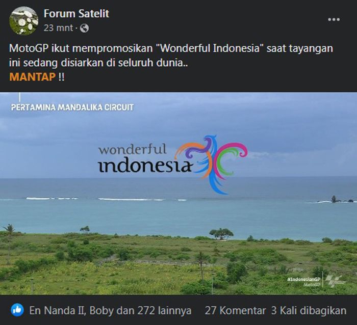 Forum Satelit Puji Logo Wonderful Indonesia dalam Tayangan MotoGP Mandalika 2022. 