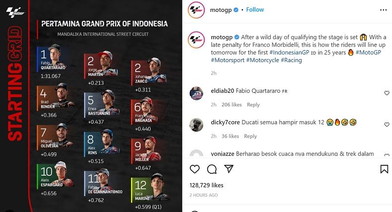 Starting Grid MotoGP Mandalika 2022./Instagram/@motogp.