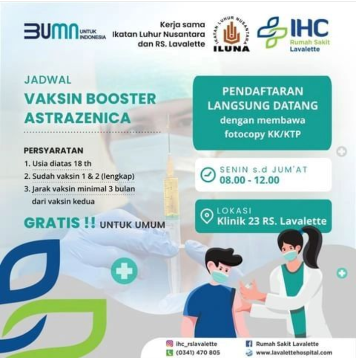 Info Vaksin Booster AstraZeneca Setiap Hari Senin-Jumat di Kota Malang