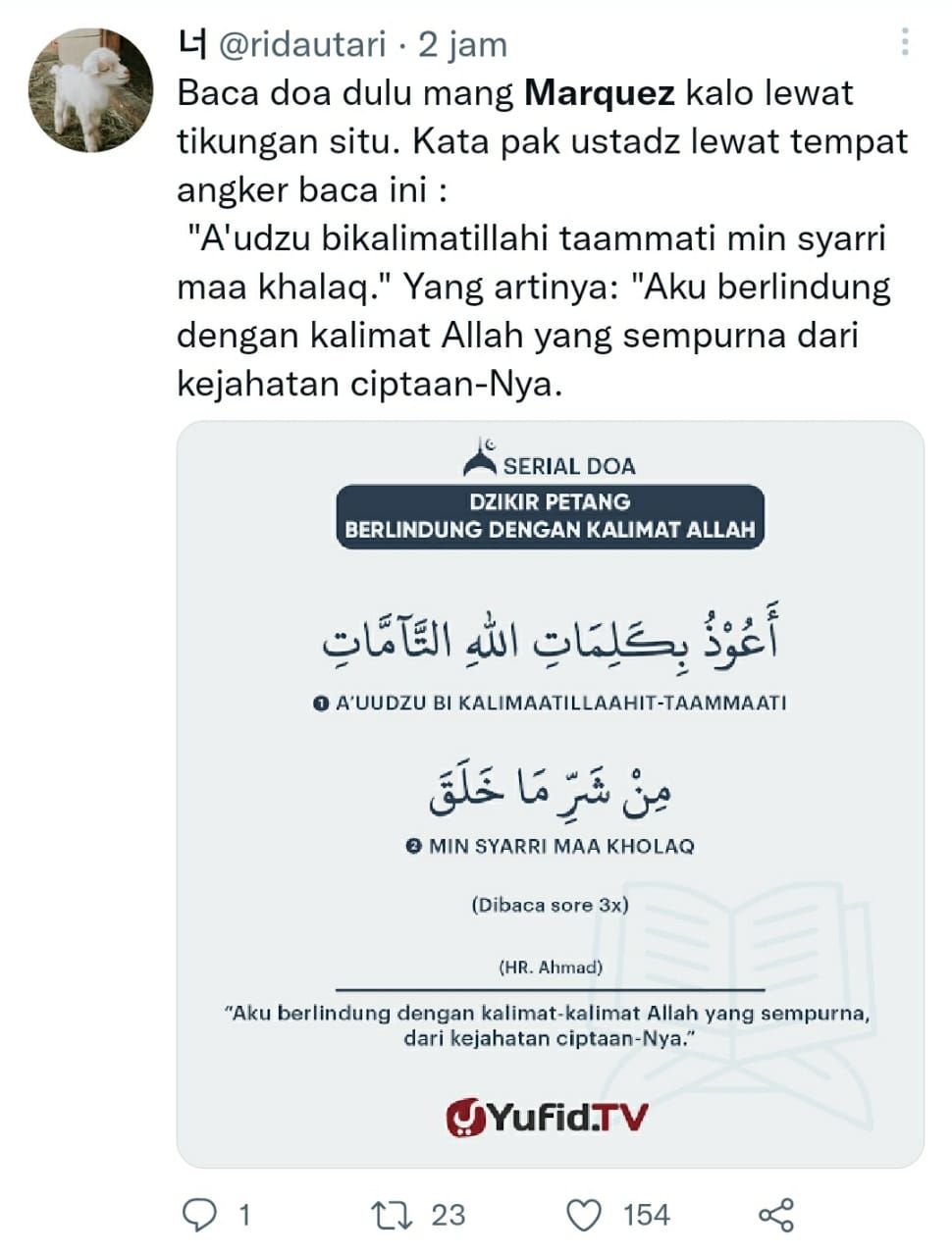 Doa selamat / Twitter / Tangkapan layar @ridautari