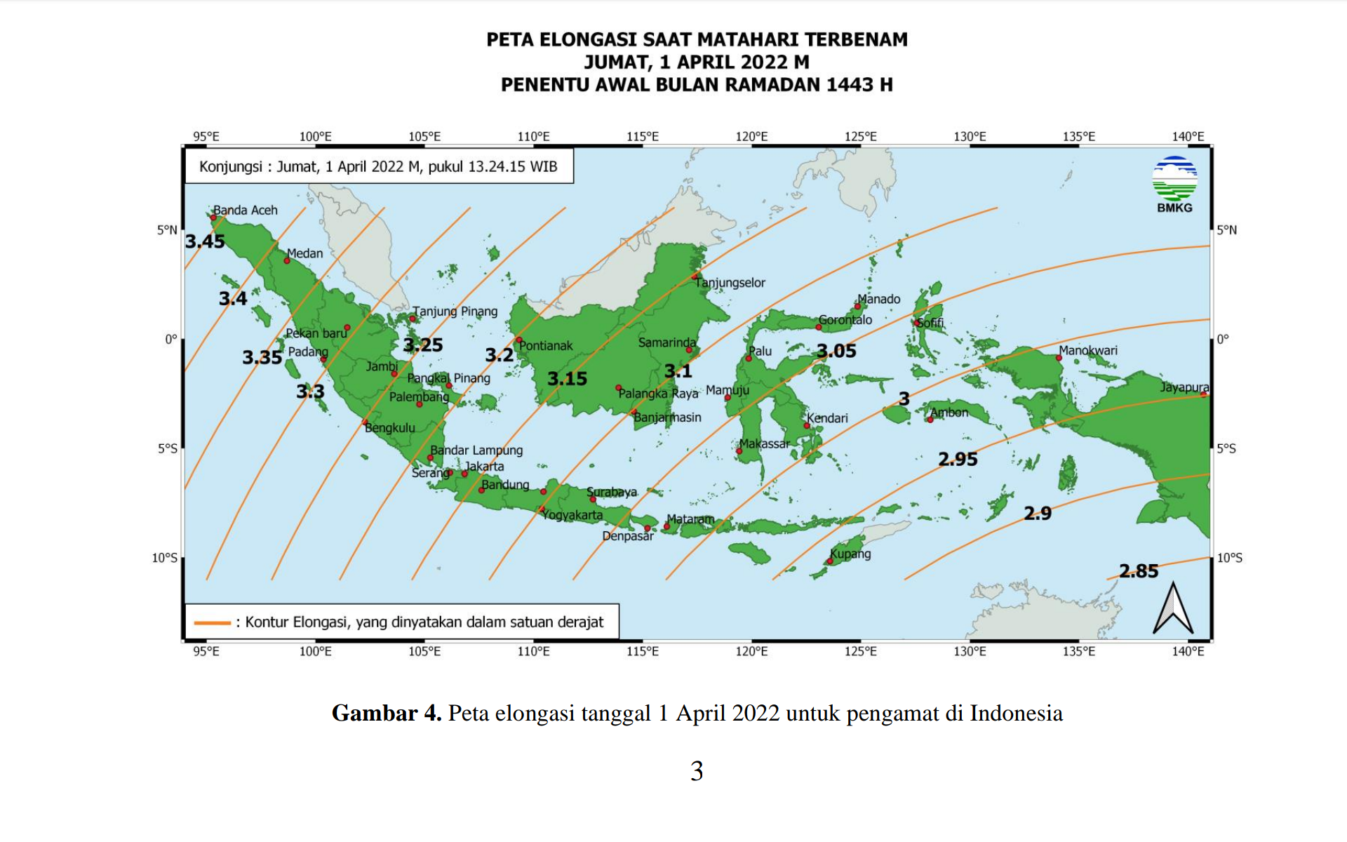 Peta Elongasi tanggal 1 April untuk wilayah Indonesia.
