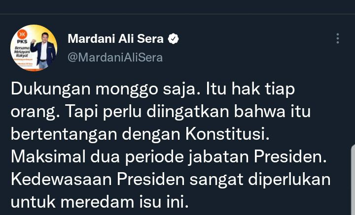 Cuitan Mardani Ali soal dukungan Jokpro terhadap Jokowi dan Prabowo di tahun 2024.