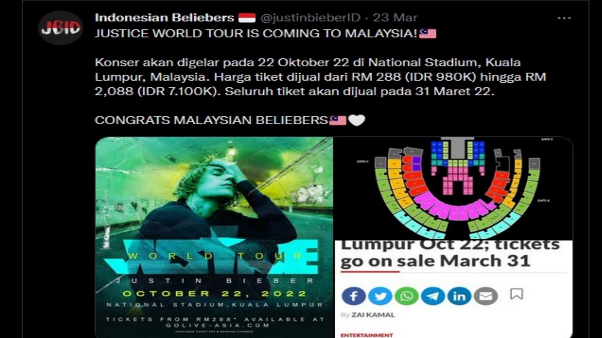Unggahan bocoran harga tiket konser Justin Bieber di Malaysia
