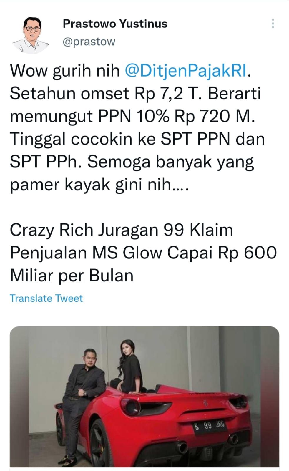 Staf Khusus Menteri Keuangan yakni Yustinus Prastowo langsung ikut mengomentari klaim Juragan 99 tersebut melalui akun Twitter resminya @prastow.